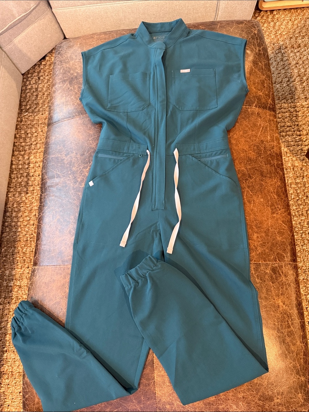 Figs Women’s Caribbean Blue Jumpsuit with Pink Drawstring Waist